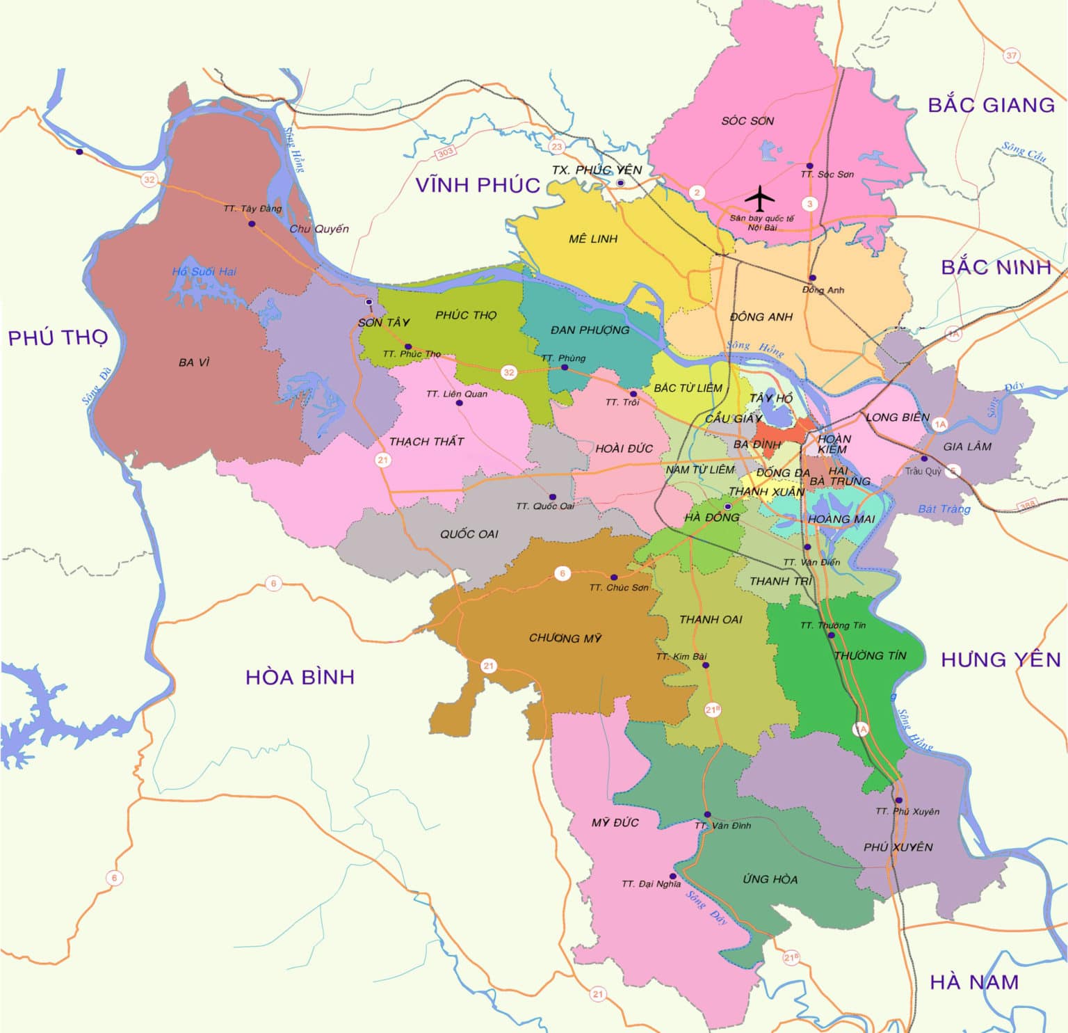 bản đồ hành chính thành phố Hà Nội - tinh bột nghệ Hà Nội